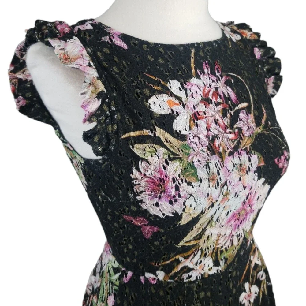 Anthropologie Eri +Ali Black Floral Lace Dress 4 Nevaeh Ruffle Cap Sleeve